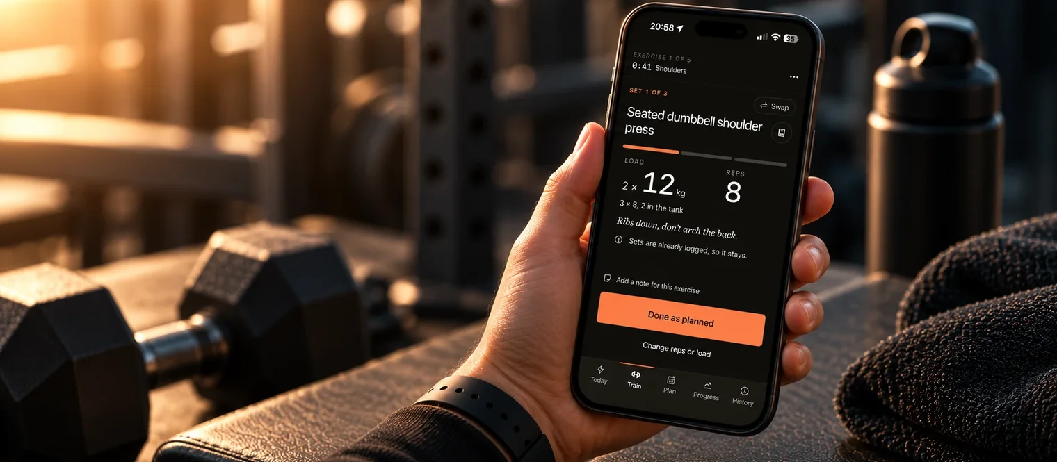 A lifter holds a phone showing the Reckoner Train screen: seated dumbbell shoulder press, 2 × 12 kg for 8 reps.