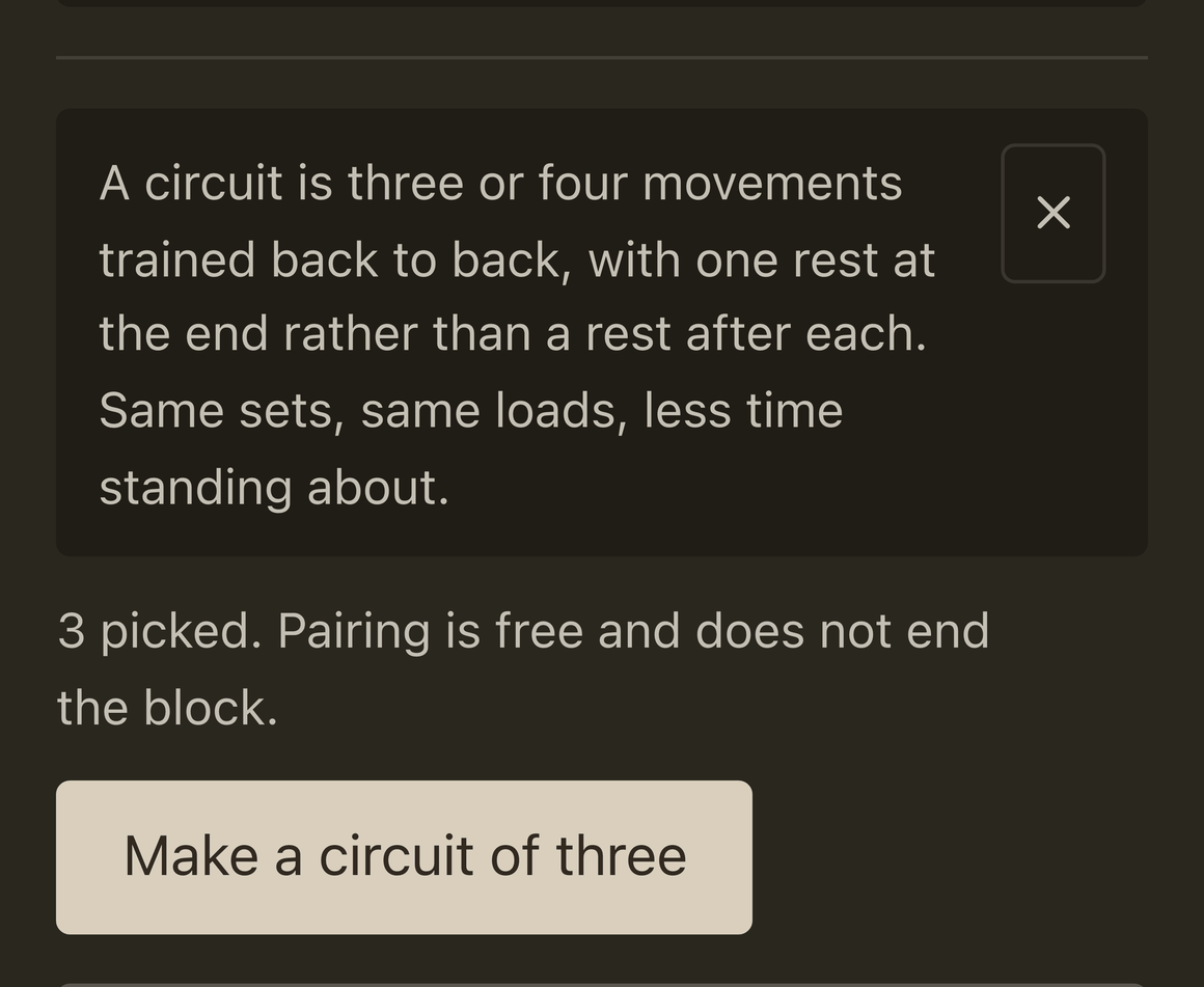 The same bar with three lifts picked. The button now reads: Make a circuit of three.