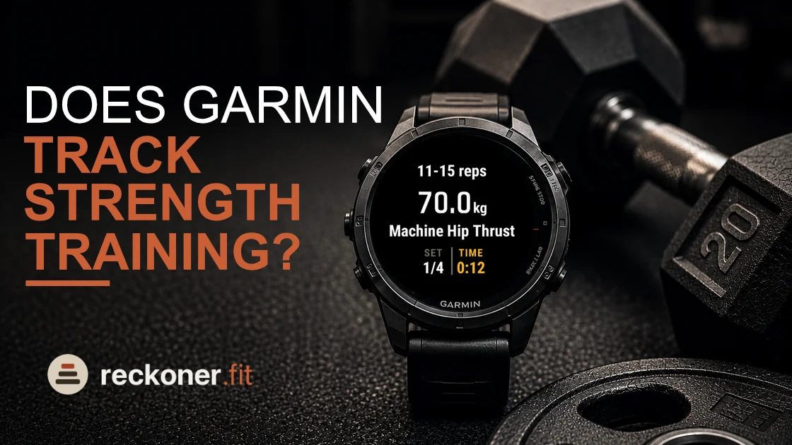 Garmin Watch next to some dumbbells with Reckoner loaded on screen