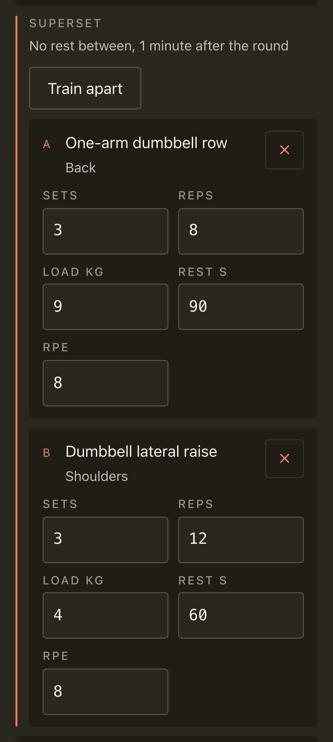 Two lifts joined by a rail down the left edge, labelled Superset, reading: no rest between, one minute after the round. The two lifts are lettered A and B and keep their own sets, reps, load, rest and effort fields.