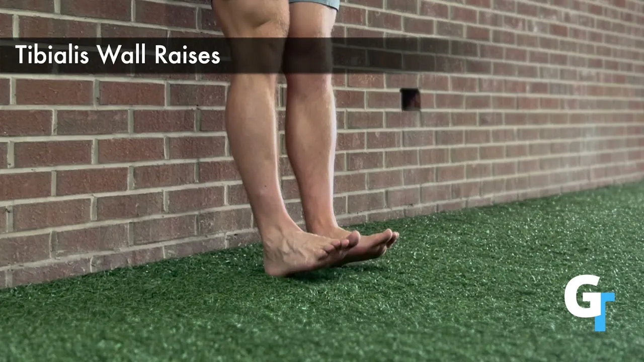 Person performing tibialis wall raises while leaning against a brick wall, keeping heels on the ground and lifting toes upward to strengthen the muscles along the front of the shins.