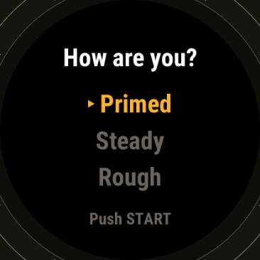 A Garmin watch asking how you are, with Primed, Steady and Rough to choose between.