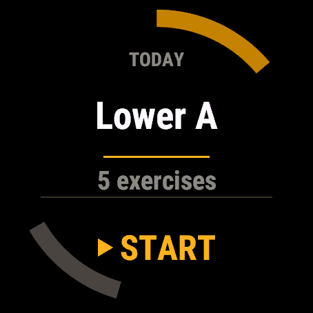 A Garmin watch showing today's session, Lower A, five exercises, ready to start.