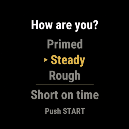 A Garmin watch asking how you are, with Primed, Steady, Rough and Short on time to choose between.