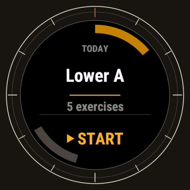 Reckoner on a Garmin watch, showing today's session, Lower A, five exercises, ready to start.