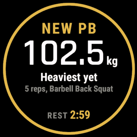 A Garmin watch with an amber ring around the screen: new PB, 102.5 kilos, heaviest yet, five reps on the barbell back squat.