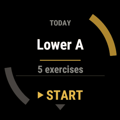 A Garmin watch showing today's session, Lower A, five exercises, ready to start.