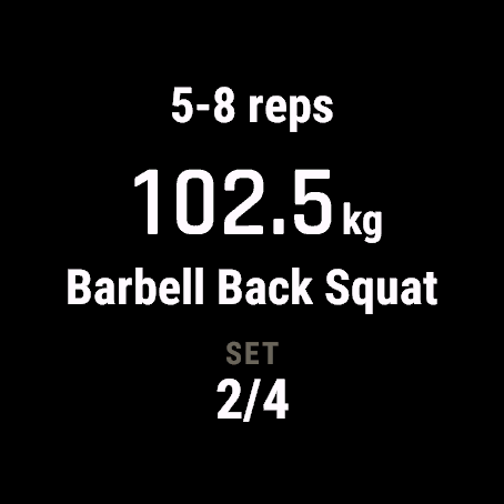 A Garmin watch showing a working set: five to eight reps at 102.5 kilos on the barbell back squat, set two of four.